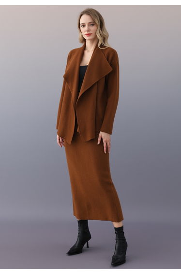 Gracious Draped Lapel Knit Cardigan and Maxi Skirt Set in Caramel