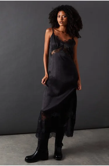 Satin Lace Insert Strappy Camisole Midi Slip Dress