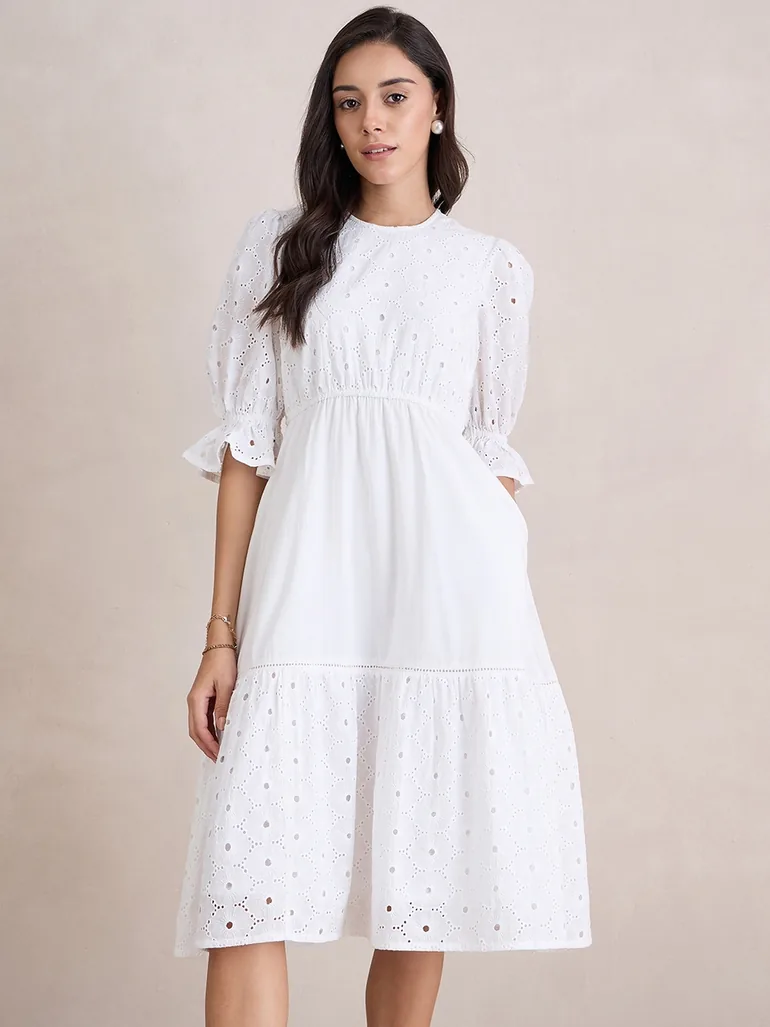 schiffli cotton dress Aesthetic Red Schiffli Dress, Off Shoulder Cotton Dress,