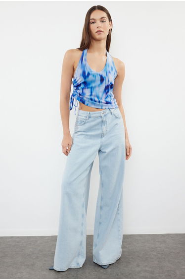 Blue Abstract Patterned Halter Neck Gather/Drape Detailed Knitted Blouse Knitted Blouse