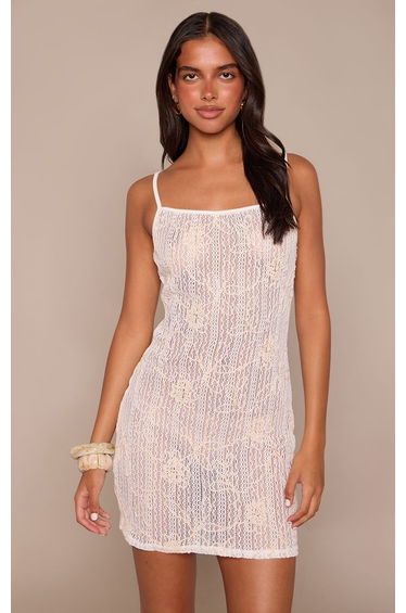 White Floral Textured Straight Neck Strappy Mini Dress