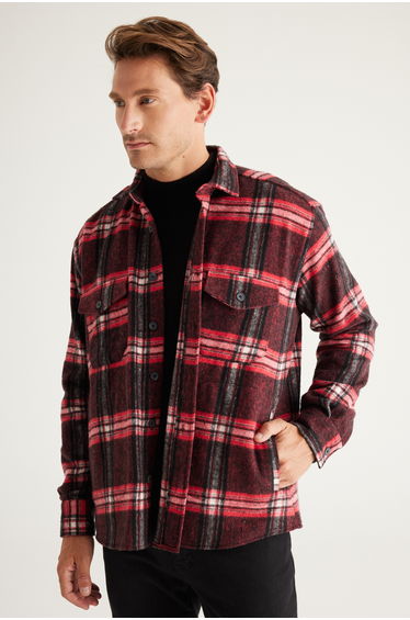 Men's Red-black Oversize Loose Cut Button Collar Checked Lumberjack Winter Shirt