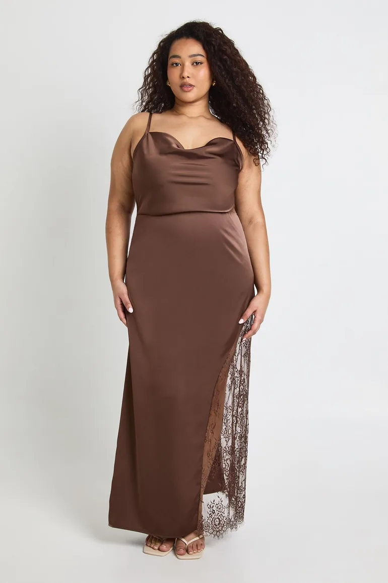 chocolate brown plus size dress SOLERSUN Chocolate Brown Plus Size Summer Elegant Autumn Dinner Dress,  Satin V-Neck Half Batwing Sleeve Loose Cocoon Long Dress Hidden Waist Strap