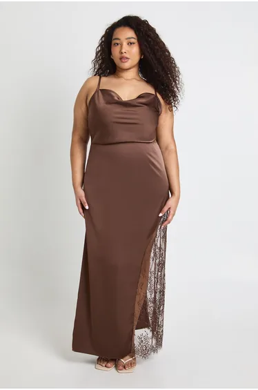 Plus Satin Cowl Lace Insert Maxi Dress - chocolate