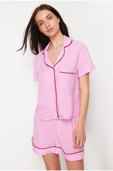 Pink Piping Detailed Viscose Woven Pajamas Set