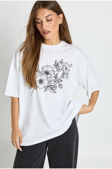 Floral Sketch Printed T-Shirt - white