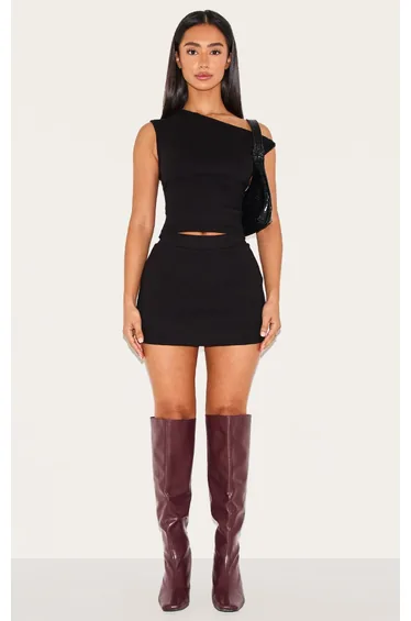 Petite Black Ribbed High Waisted Mini Skirt