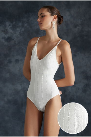 Ecru V-Neck Textured Swimsuit