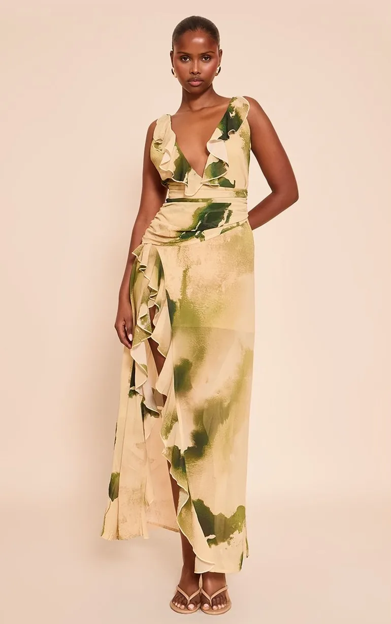 Green Floral Chiffon Frill Plunge Strappy Maxi Dress - 5
