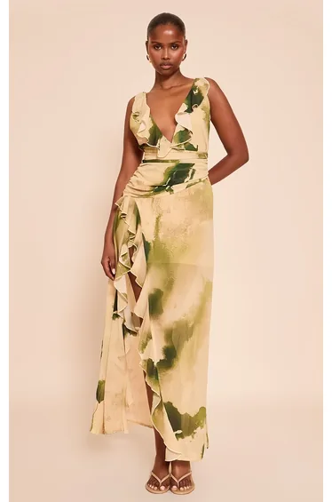 Green Floral Chiffon Frill Plunge Strappy Maxi Dress