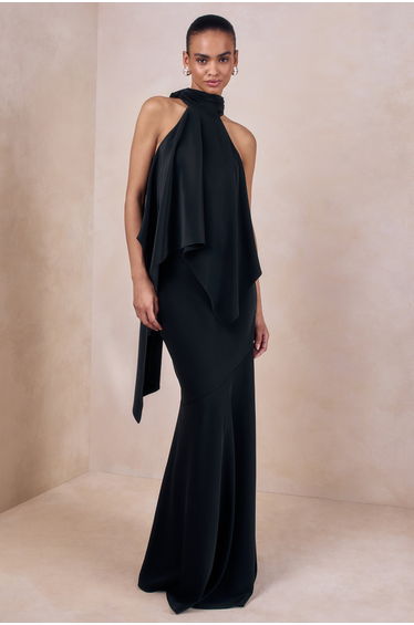 Vayla | Black Satin Asymmetric Drop-Waist Maxi Skirt