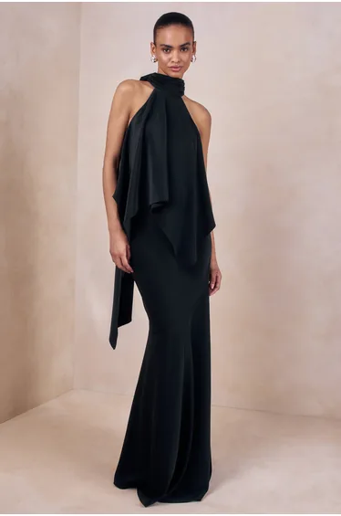 Vayla | Black Satin Asymmetric Drop-Waist Maxi Skirt