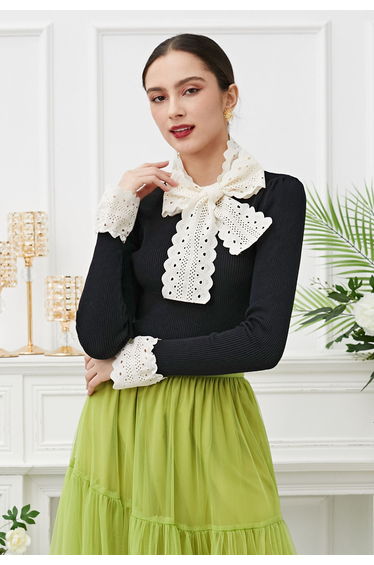 Embroidered Eyelet Bowknot Ribbed Knit Top in Black