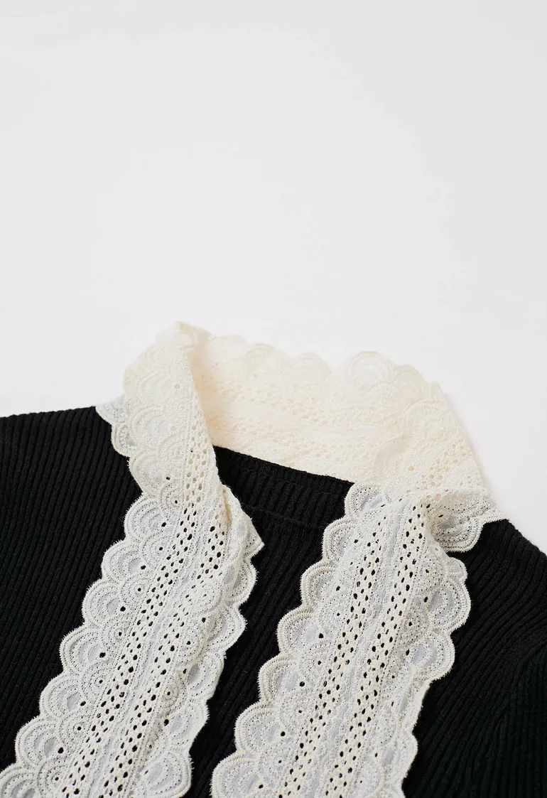 Embroidered Eyelet Bowknot Ribbed Knit Top in Black - 6