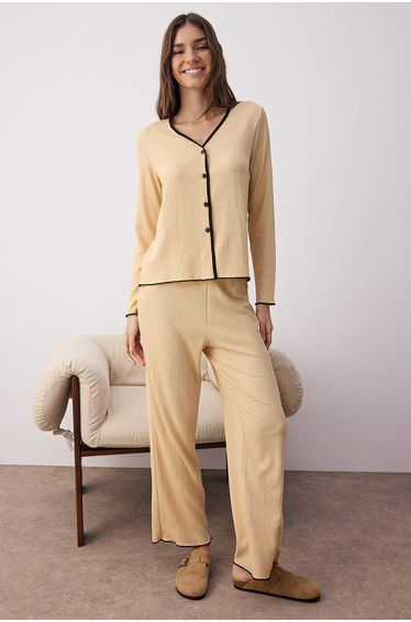 Beige Buttoned and Piping Textured Crepe Knit Pajama Set
