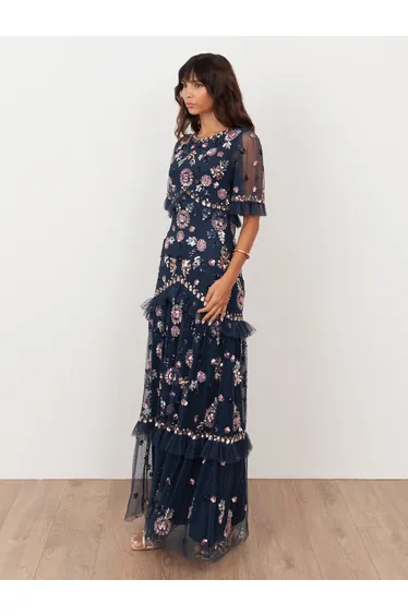 Maya Navy Embellished Short Sleeve Spot Mesh Maxi Dress