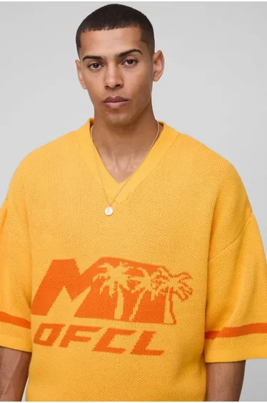 OFCL Oversized Boxy V Neck Baseball Knitted T-Shirt & Short Set - yellow