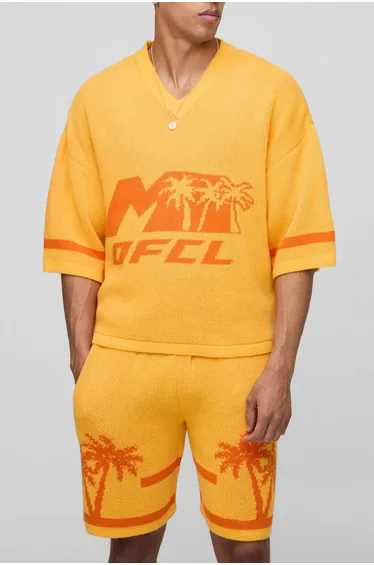 OFCL Oversized Boxy V Neck Baseball Knitted T-Shirt & Short Set - yellow
