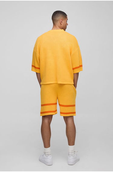 OFCL Oversized Boxy V Neck Baseball Knitted T-Shirt & Short Set - yellow