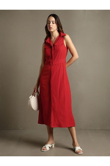 Shirt Collar Sleeveless Shirt Midi Dress