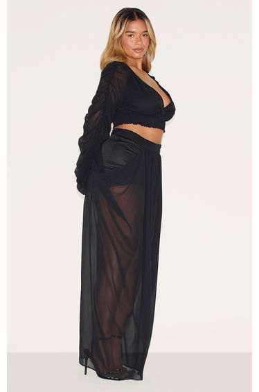 Shape Black Chiffon Balloon Sleeve Plunge Front Cinched Waist Blouse