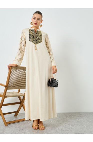 Cream Cotton Embroidered A-Line Jalabiya