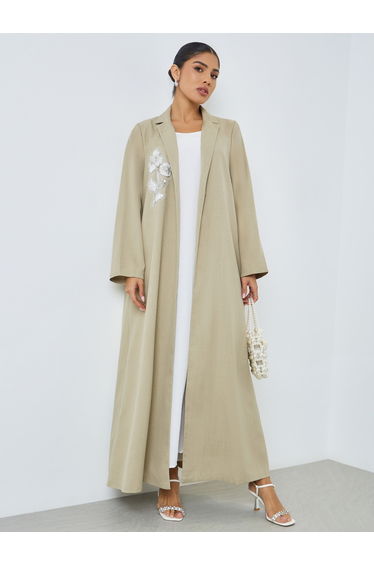 Beige Front Open Collared Abaya with Beaded Patch