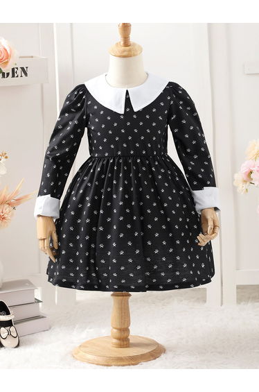 Girls Printed Contrast Collar Dress