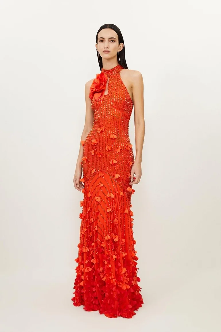Shop Floral Applique Crystal Embellished Woven Maxi Rosette Floor Length  Dress Online in Kuwait