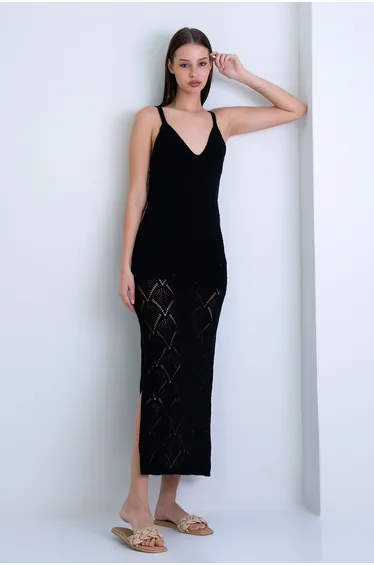 Women's Black Rope Strap Lined Slit Knitwear Dress