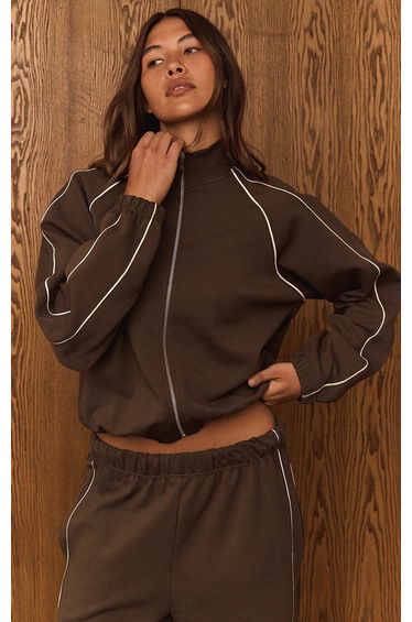Chocolate Interlock Contrast Piping Bomber Sweatshirt