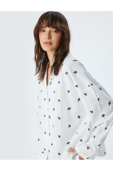 Christmas Themed Pajama Top Floral Embroidered Shirt Collar Button Down Cotton