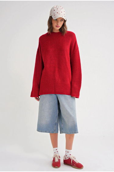 Mixray Oversized Ribbed Knit Sweater with Crew Neck