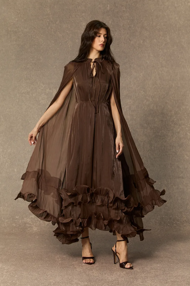Shirley Cape-effect Ruffled Midi Dress Sunfere Brown : Evening Dresses :  VogaCloset Iraq