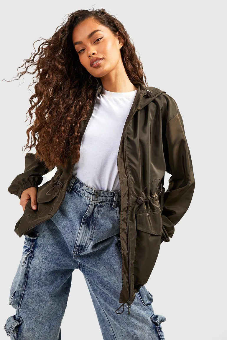 Hooded Synched Waist Parachute Mac - khaki