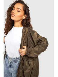 Hooded Synched Waist Parachute Mac - khaki - 3