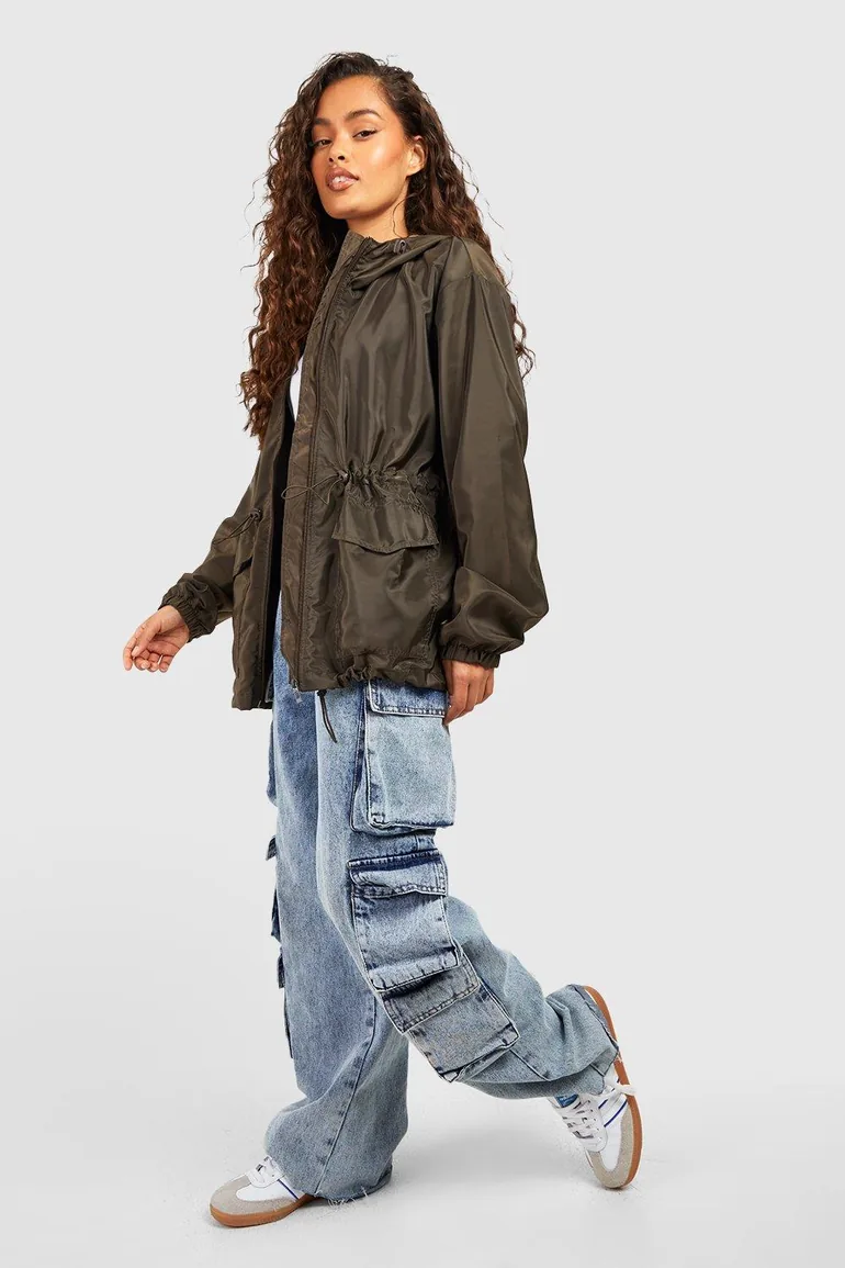 Hooded Synched Waist Parachute Mac - khaki - 2