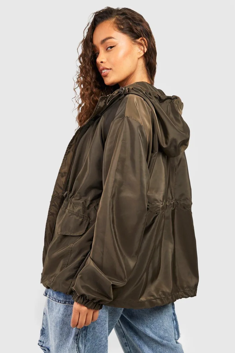 Hooded Synched Waist Parachute Mac - khaki - 1