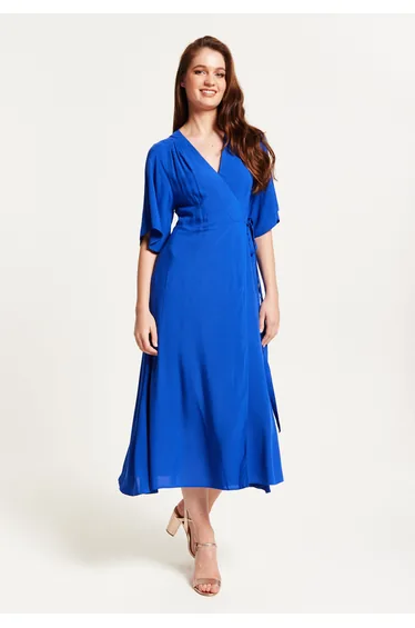 Women's Midi Wrap Dress in Royal Blue with Kimono Sleeves and Matching Tie Waist .