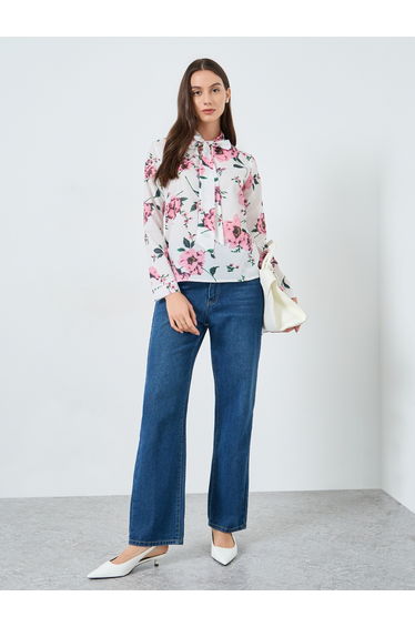 Flower Printed Bow Detail Neck Top