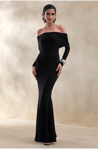 فستان ماكسي بياقة بأكتاف مكشوفة - أسود