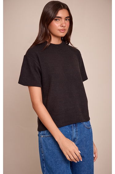 Black Wool Rib Loose Fitted T Shirt