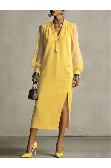 Long Sleeves Puff Sleeves Buttoned Pleated Pockets Solid Color Split-Side V-Neck Midi Dresses