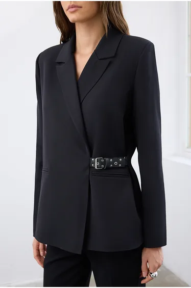 Black Belt Accessory Belted Woven Blazer Jacket