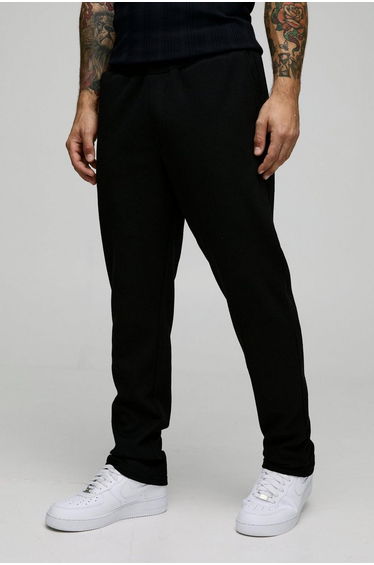 Elasticated Waist Slim Fit Waffle Smart Trousers - black