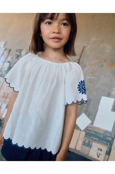 Blouse In Cotton And Linen With Flowers For Girls Light Beige Blue