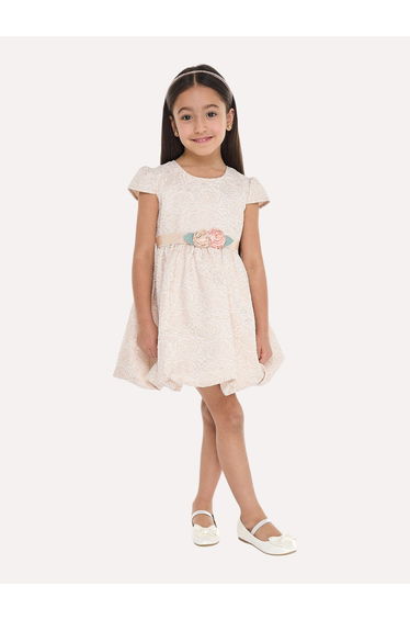 Girls Jacquard Festive Dress with Puff Sleeves