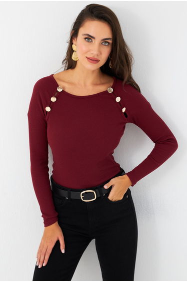 Women's Burgundy Button Accessory Camisole Blouse