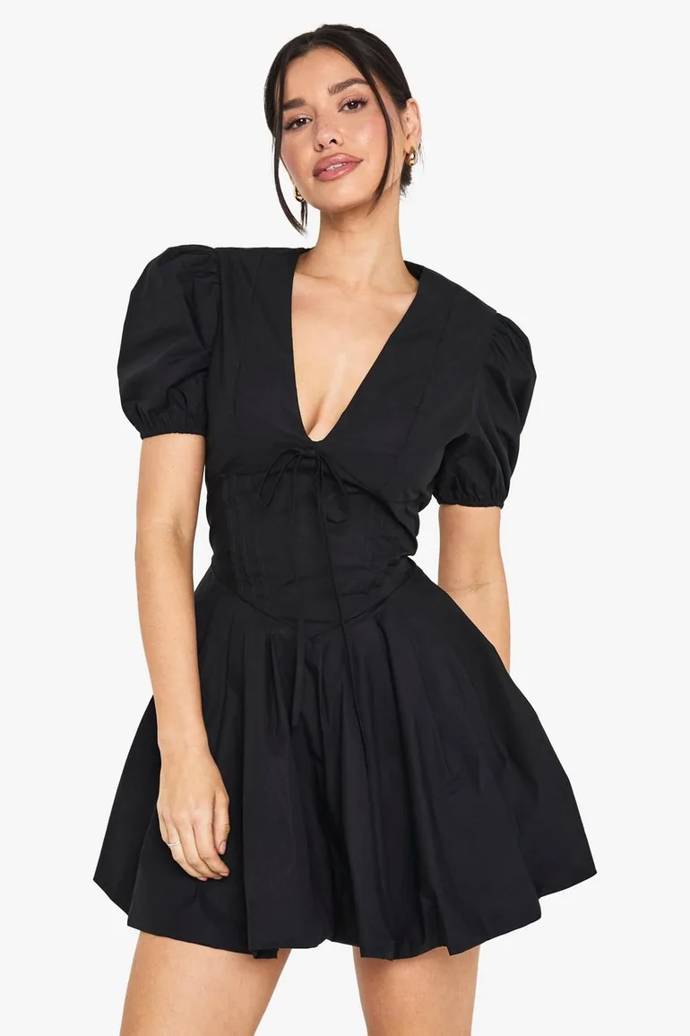 Tall Corset Detail Puff Sleeve Milkmaid Skater Dress - black - 1