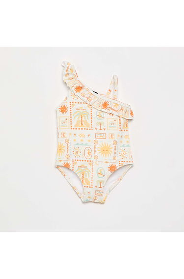 One-piece swimsuit with ruffled collar